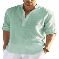 Men's Casual Cotton Linen Solid Color Long Sleeve Shirt Loose Stand Collar - ProTrendyz