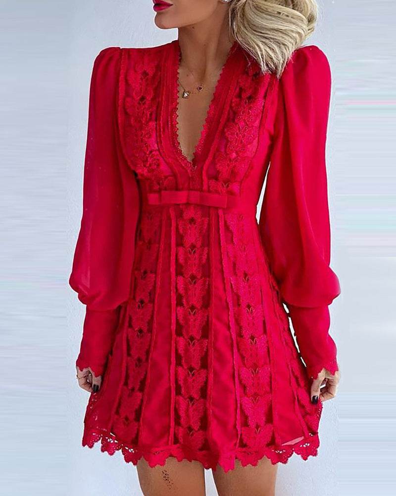 White Elegant Dresses Sexy V Neck Lace Dress Long Puff Sleeve Butterfly Dress For Women - ProTrendyz
