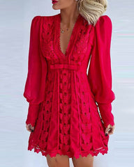 White Elegant Dresses Sexy V Neck Lace Dress Long Puff Sleeve Butterfly Dress For Women - ProTrendyz