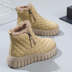 Women's Plaid Pattern Platform Ankle Boots Casual Side Zipper Plush Lined Snow Boots Winter Comfortable Short Boots - ProTrendyz