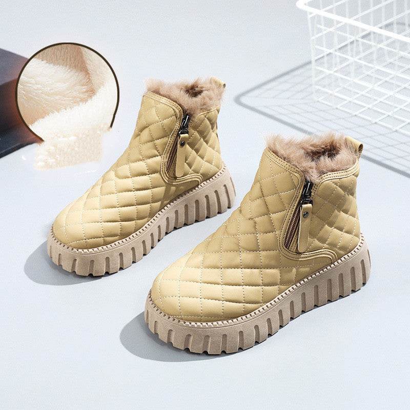 Women's Plaid Pattern Platform Ankle Boots Casual Side Zipper Plush Lined Snow Boots Winter Comfortable Short Boots - ProTrendyz
