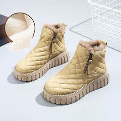 Women's Plaid Pattern Platform Ankle Boots Casual Side Zipper Plush Lined Snow Boots Winter Comfortable Short Boots - ProTrendyz