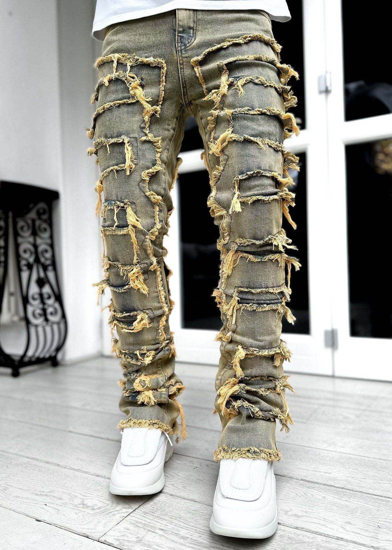 Men Trousers Individual Patched Pants Long Tight Fit Stacked Jeans For Mens Clothing - ProTrendyz