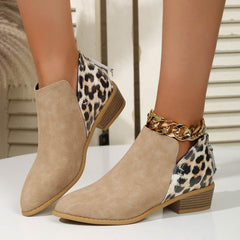 Fashion Leopard Print Boots Women Pointed Toe Chunky Heel Back Zipper Shoes - ProTrendyz