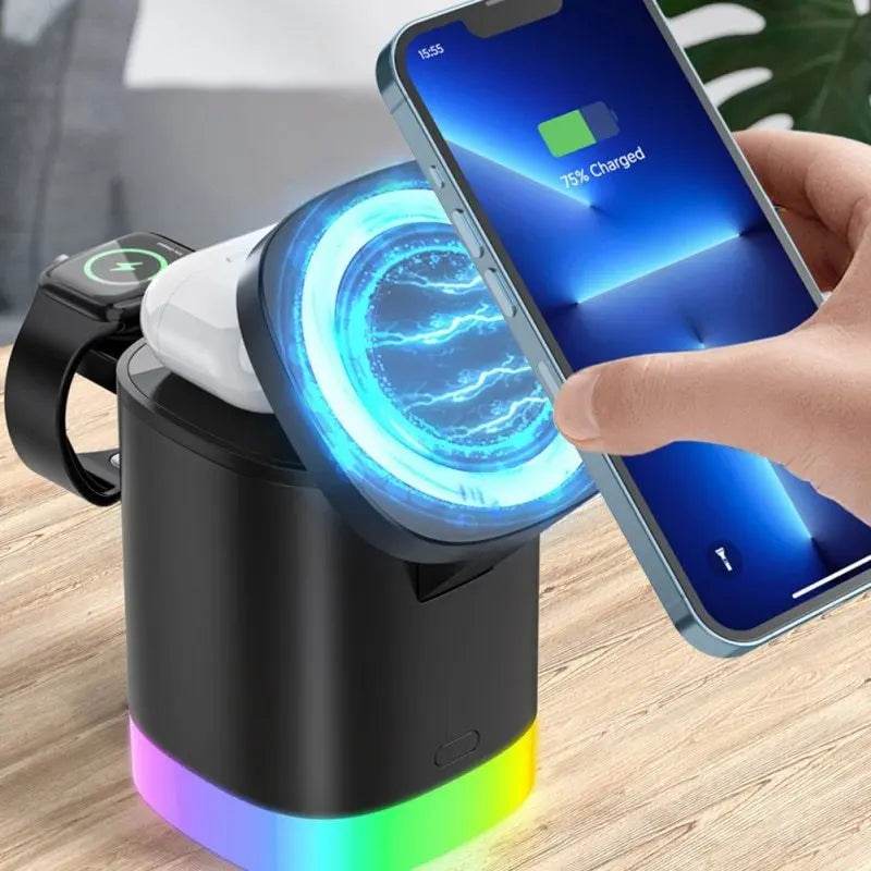 3 In 1 Magnetic Wireless Fast Charger For Smart Phone RGB Ambient Light Charging Station For Airpods IWatch - ProTrendyz