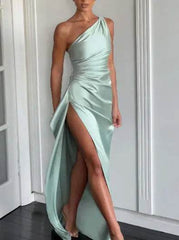 Sexy One-shoulder Backless Slit Dress Summer Elegant Slim-fit Solid Color Satin Dresses For Women - ProTrendyz