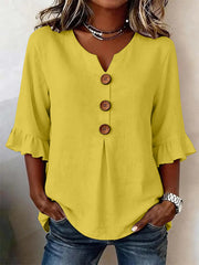 Women's V-neck Cotton-linen Button-up Top