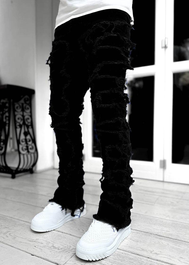 Men Trousers Individual Patched Pants Long Tight Fit Stacked Jeans For Mens Clothing - ProTrendyz