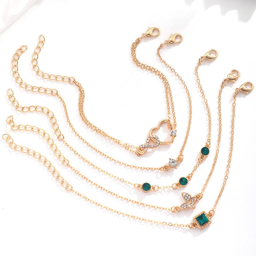 Bohemian 5pc Green Crystal Bracelets Jewelry Set For Women Heart Bracelet Wedding Engagement Bracelet Fashion Jewelry - ProTrendyz