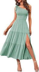 New Summer Fashion Women's One-shoulder Pleated Layered Hem Split Dress - ProTrendyz