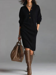 Long-sleeved Sweater Dress Fashion Warm Stand-up Collar V-neck Button Pullover Dresses Winter Casual Commuting Women's Clothing