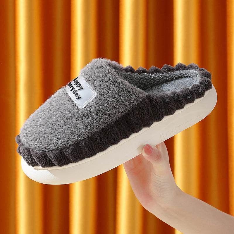 Home Slippers For Men Thick-soled Color-block Letters Fluffy Fleece House Shoes Winter Indoor Warm Slip On Floor Bedroom Slipper - ProTrendyz