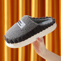 Home Slippers For Men Thick-soled Color-block Letters Fluffy Fleece House Shoes Winter Indoor Warm Slip On Floor Bedroom Slipper - ProTrendyz
