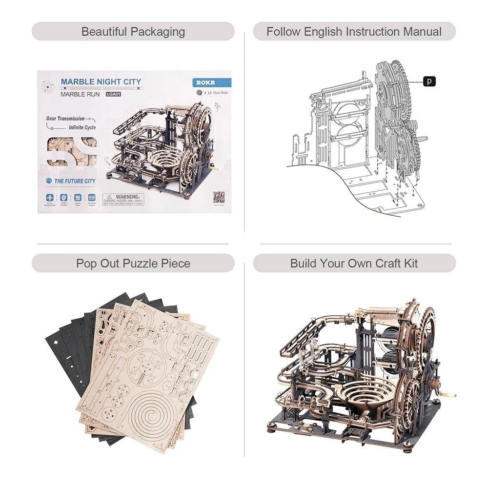 Robotime ROKR Marble Night City 3D Wooden Puzzle Games Assembly Waterwheel Model Toys for Children Kids Birthday Gift - ProTrendyz
