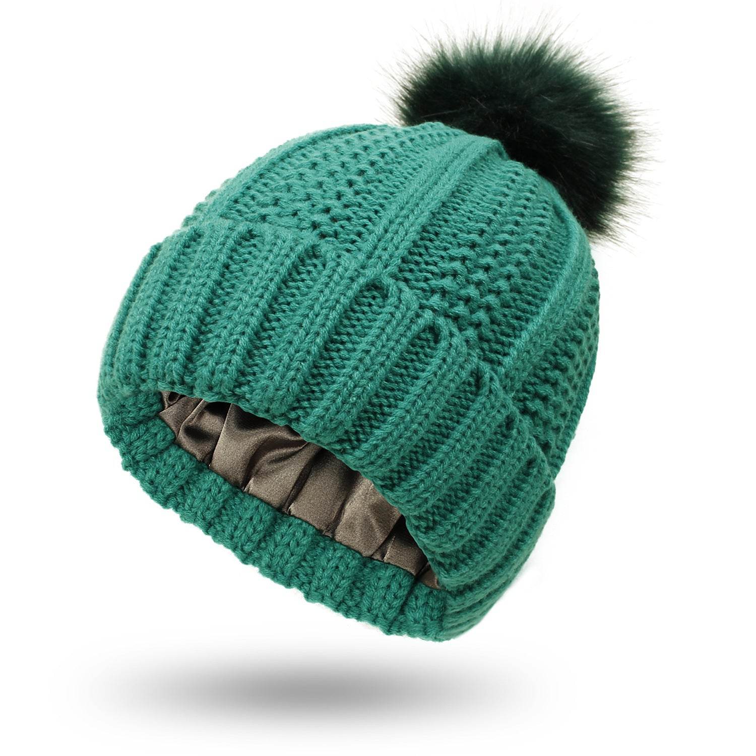 Fashion Stretchy Satin Lined Skull Knit Hats Beanie Hat For Women Faux Fur Pom Pom Hat Winter Keep Warming Beanie Hat - ProTrendyz