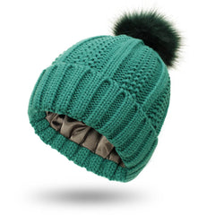 Fashion Stretchy Satin Lined Skull Knit Hats Beanie Hat For Women Faux Fur Pom Pom Hat Winter Keep Warming Beanie Hat - ProTrendyz