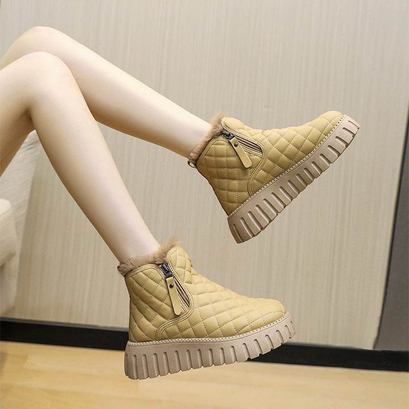 Women's Plaid Pattern Platform Ankle Boots Casual Side Zipper Plush Lined Snow Boots Winter Comfortable Short Boots - ProTrendyz