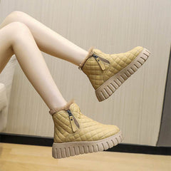 Women's Plaid Pattern Platform Ankle Boots Casual Side Zipper Plush Lined Snow Boots Winter Comfortable Short Boots - ProTrendyz