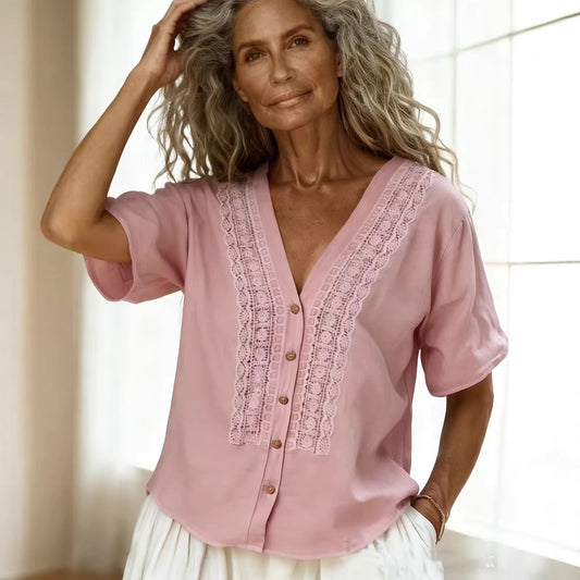 Loose-fit Faux Linen Embroidered Button-up Top