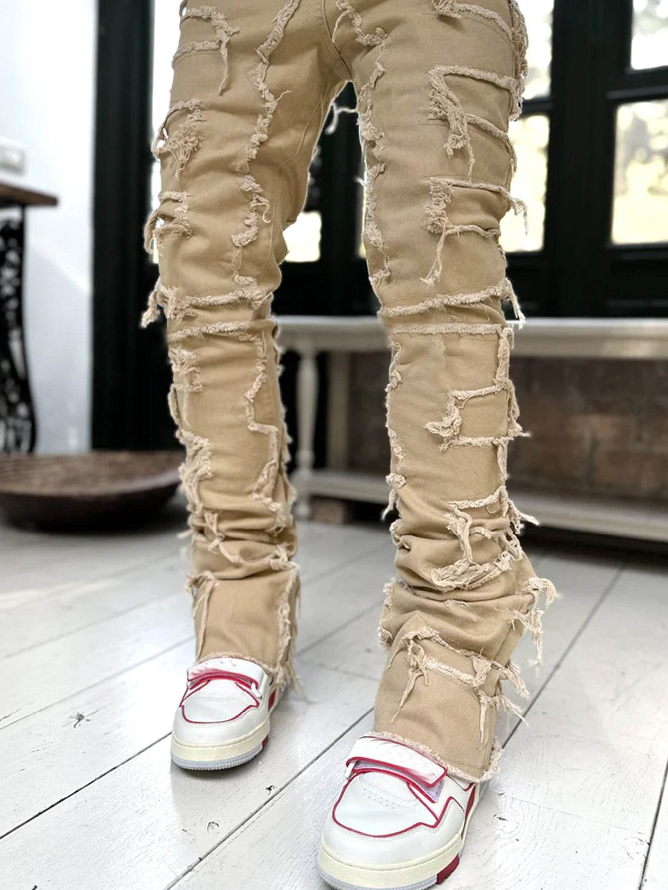 Men Trousers Individual Patched Pants Long Tight Fit Stacked Jeans For Mens Clothing - ProTrendyz