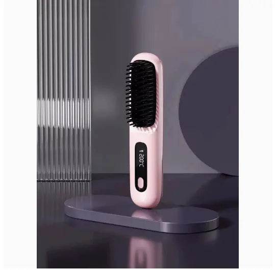 2 In 1 Straight Hair Comb Wireless Hair Straightener Brush Hair Fast Heating Portable Hot Curler USB Charging - ProTrendyz