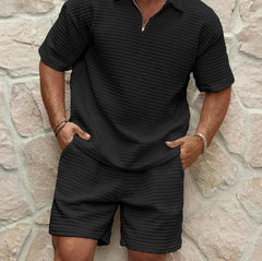 Men's Summer Casual Plaid Jacquard Weave Zip Short Sleeve Suit
