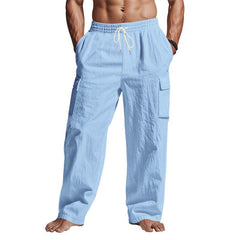 Men's Workwear Multi-pocket Straight Linen Pants Linen Four Seasons Thin Breathable Cargo Pants, Multi-pocket Loose Casual Trendy Wide-leg Pants - ProTrendyz