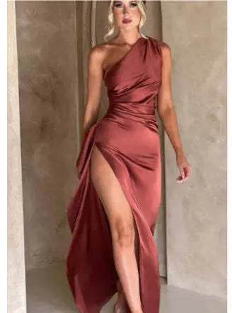 Sexy One-shoulder Backless Slit Dress Summer Elegant Slim-fit Solid Color Satin Dresses For Women - ProTrendyz