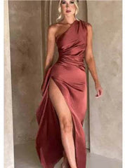 Sexy One-shoulder Backless Slit Dress Summer Elegant Slim-fit Solid Color Satin Dresses For Women - ProTrendyz