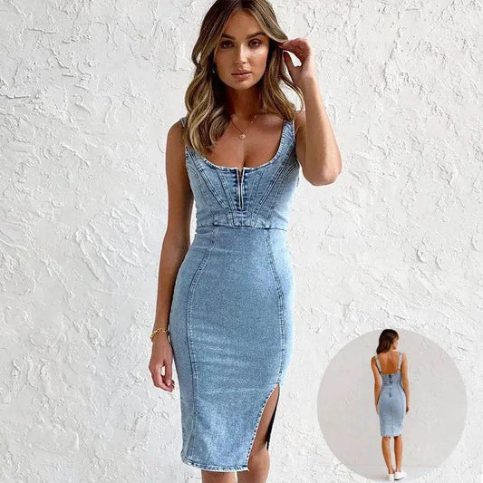 New U-neck Suspender Denim Dress Summer Casual Tight Slim Fit Dresses With Slit Design Womens Clothing - ProTrendyz
