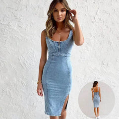 New U-neck Suspender Denim Dress Summer Casual Tight Slim Fit Dresses With Slit Design Womens Clothing - ProTrendyz