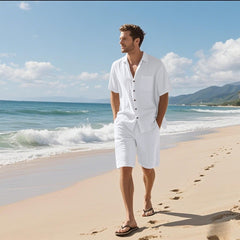 Linen Leisure Breathable Short Sleeve Shirt Beach Suit