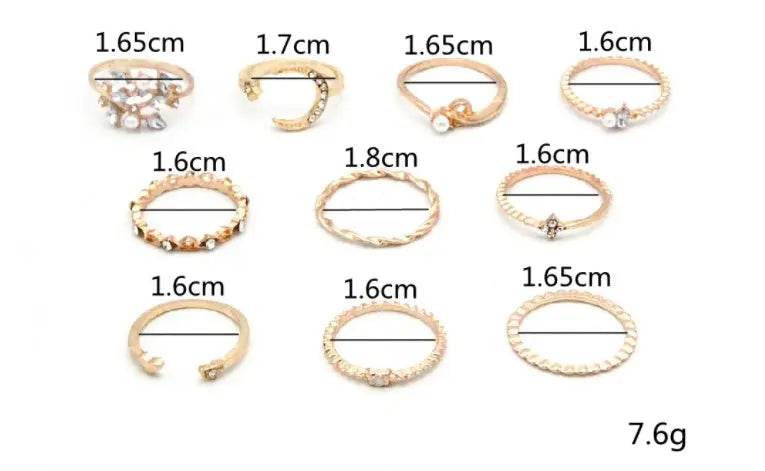 Bohemian Fashion Star Moon Love Pearl Leaf 10-Piece Ring - ProTrendyz
