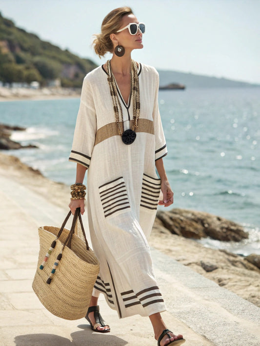 Printed V-neck Three-quarter-length Sleeve Kaftan Dress With A Long Patch Pocket