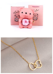 Rotating Bear Gift Box Eternal Rose Teddy Bear Jewelry Box With Necklace Valentine Wedding Special Present For Girlfriend Anniversary Gift Jewelry Box
