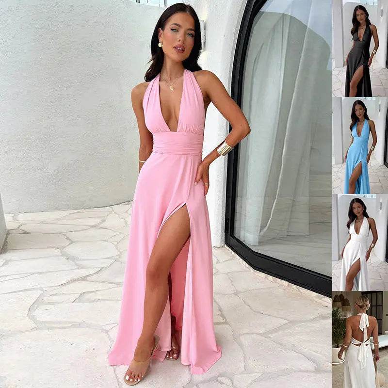 Sexy Halterneck V-neck Slit Dress Summer Backless Strappy Skirt Fashion Temperament Clothing Women - ProTrendyz