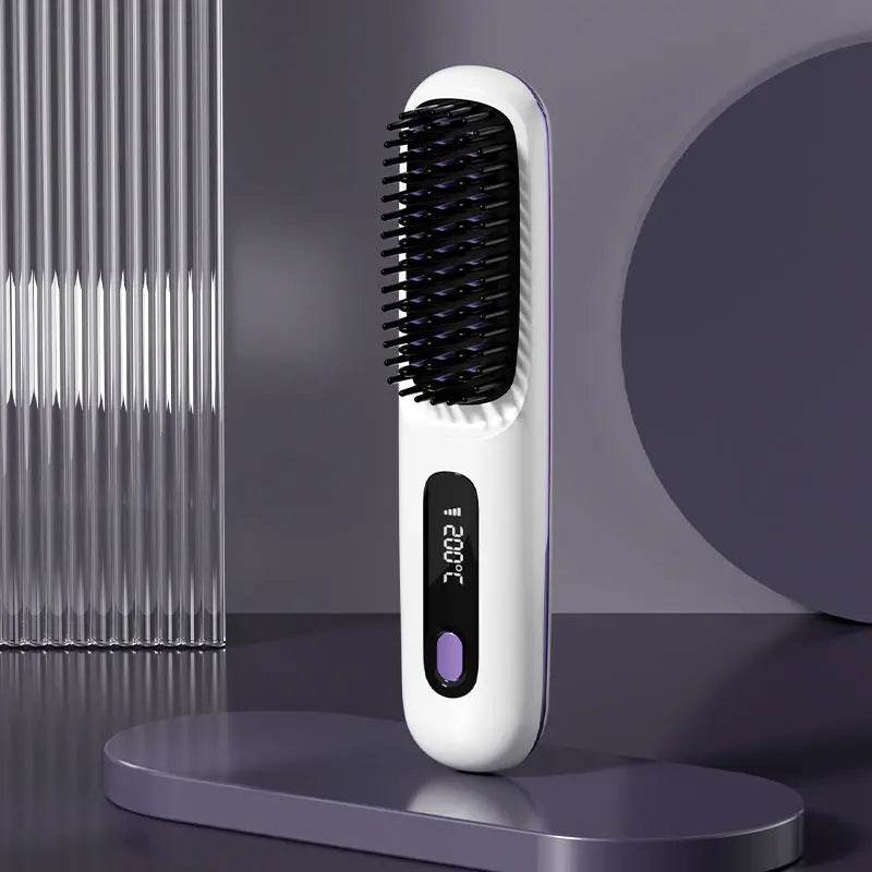 2 In 1 Straight Hair Comb Wireless Hair Straightener Brush Hair Fast Heating Portable Hot Curler USB Charging - ProTrendyz