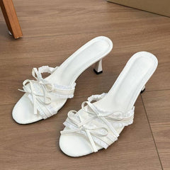 Women's Bowknot High Heel Slide Sandals, Slim Heel Slip On Mules, Elegant Luxury Style For Dresses, Comfort All Day Long