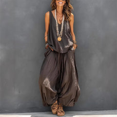 Womens Solid-Colored Casual Sleeveless Tank Top And Wide-Leg Pants Cotton-Linen Set For Daily Wear Holiday Outfit