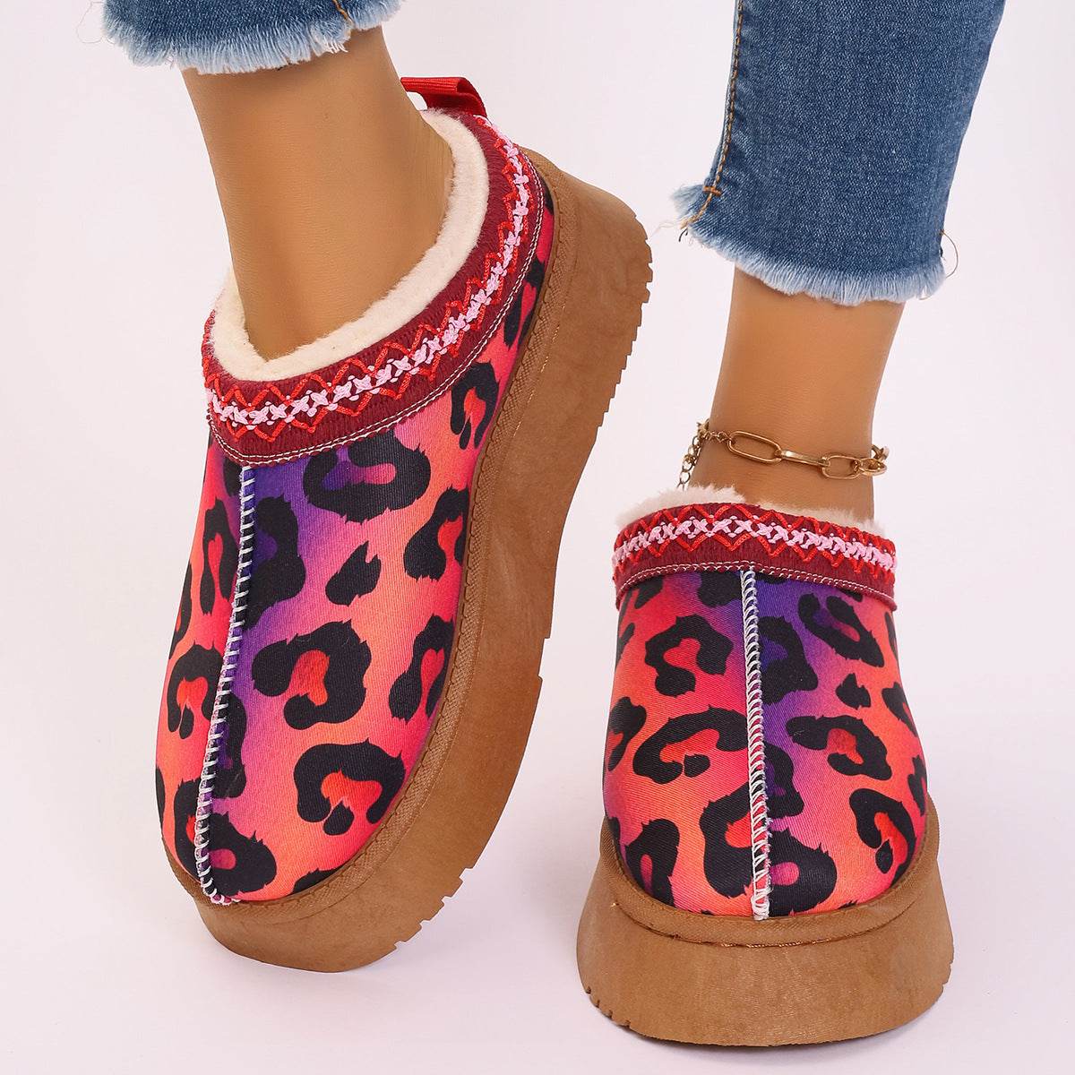 Women's Cartoon Christmas Print Ankle Boots Casual Slip On Plush Lined Home Shoes Comfortable Winter Short Boots - ProTrendyz