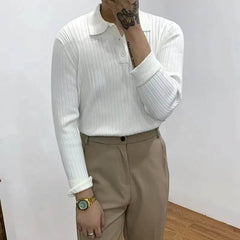 Lapel Texture Stretch Slim Knit Polo Shirt Men Polo Shirt Fashion Waffle Long-sleeved Tops Clothing Casual Comfortable Golf Men's Clothing - ProTrendyz