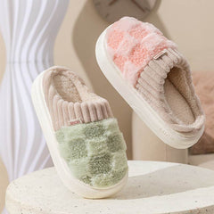 Plaid Plush Slippers Women's Indoor Plush Home Slippers Soft Sole Thick Non-Slip Warm House Shoes Couple Autumn And Winter - ProTrendyz