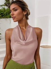 Women Solid Color Swing Collar Sleeveless Vest Trendy Elegant Shirt With Halter Neckline Backless Short Sleeve Tops Tshirts - ProTrendyz