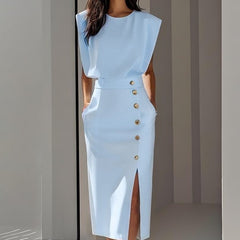 Women's Summer Split Dress With Buttons Casual Sleeveless Midi Dress Clothing