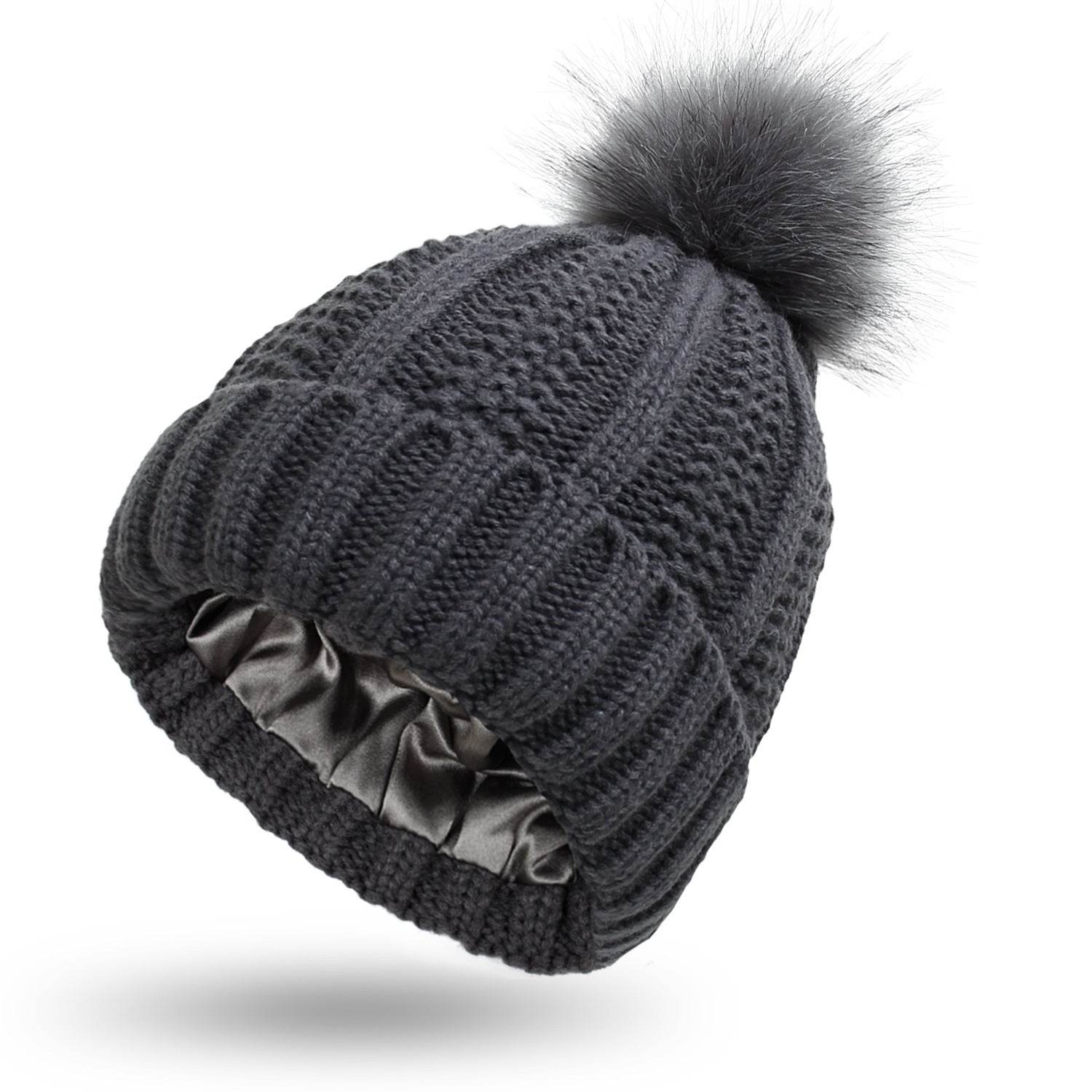 Fashion Stretchy Satin Lined Skull Knit Hats Beanie Hat For Women Faux Fur Pom Pom Hat Winter Keep Warming Beanie Hat - ProTrendyz