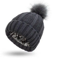 Fashion Stretchy Satin Lined Skull Knit Hats Beanie Hat For Women Faux Fur Pom Pom Hat Winter Keep Warming Beanie Hat - ProTrendyz
