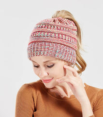 Mixed Color Knitted Wool Hat Ladies Non-labeled Ponytail Hat - ProTrendyz