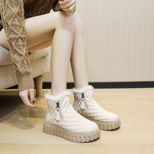Women's Plaid Pattern Platform Ankle Boots Casual Side Zipper Plush Lined Snow Boots Winter Comfortable Short Boots - ProTrendyz