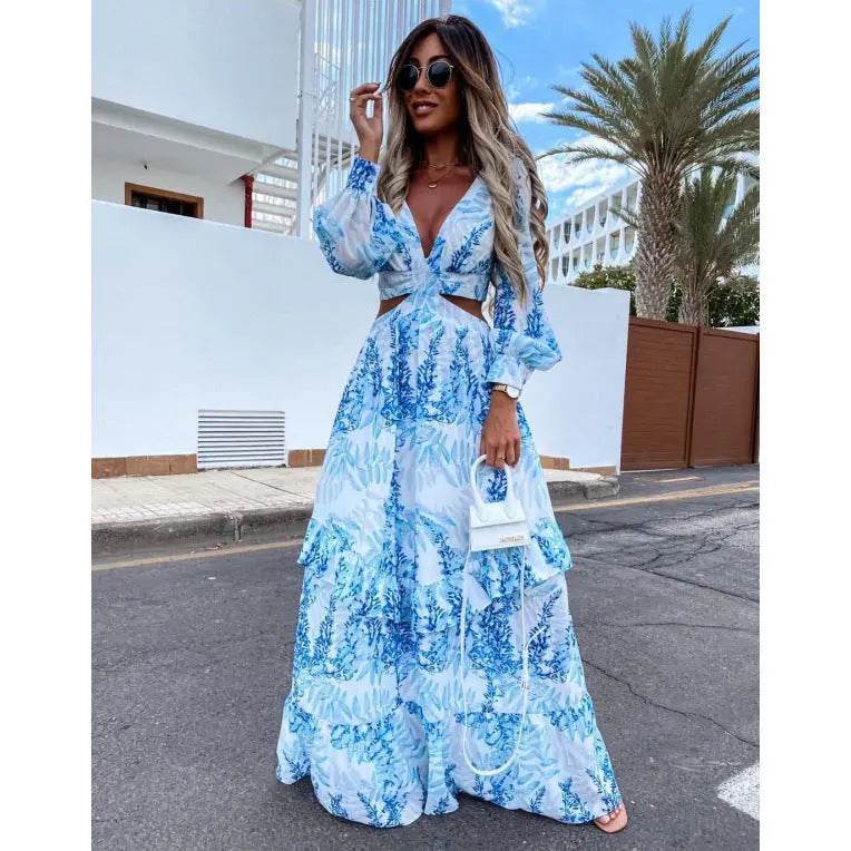 Elegant Women's Hollow Floor V-neck Long-sleeved Plant Dress Long Dresses Spring Summer Print V-neck Long Sleeve Dress - ProTrendyz