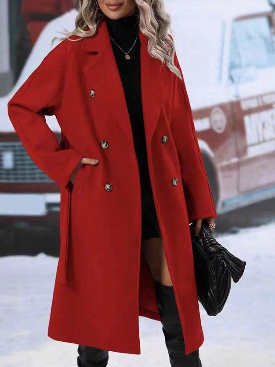 Lapel Double-breasted Trench Coat With Belt Winter Fashion Solid Color Long Jacket Outwear Women Clothing - ProTrendyz